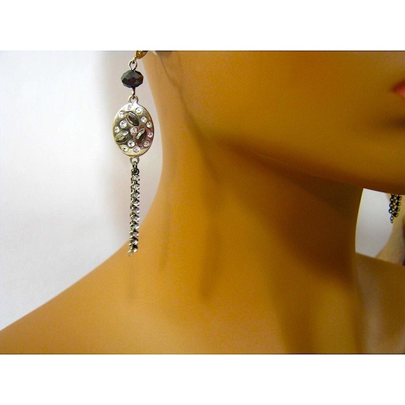 handmade Jewelry - Silver Black Vintage Rhinestone Crystal Long Chain Drop Dangle Earrings 3 inch